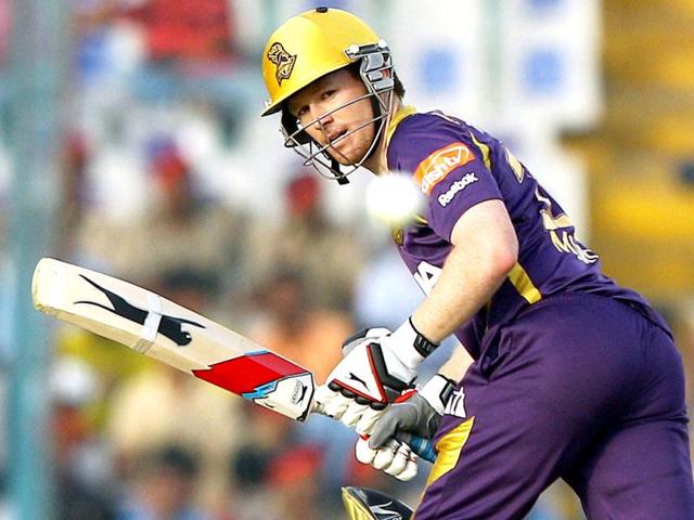 Kolkata Knight Riders batsman E Morgan plays a shot during a T20 League match against Kings XI Punjab in Mohali. PTI/Kamal Kishore 