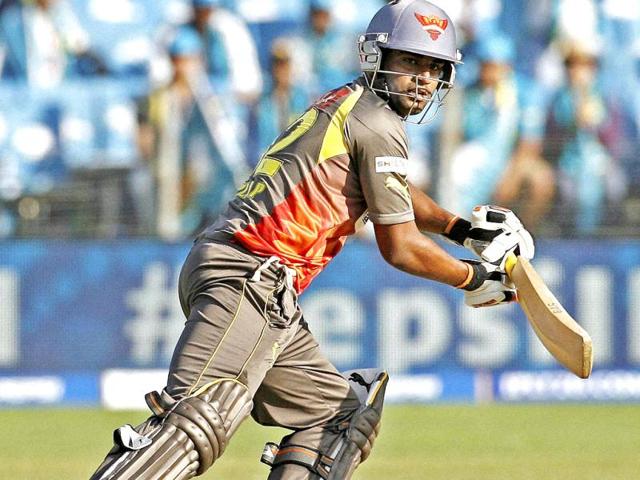 Sunrisers Hyderabad batsman Biplab Samantray plays a shot during their T20 match against Pune Warriors in Pune. PTI/Shashank Parade