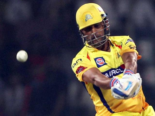 Chennai Super Kings batsman MS Dhoni plays a shot against Delhi Daredevils during their match in New Delhi. (PTI Photo)