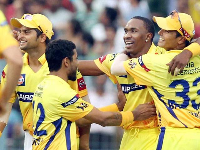 Chennai Super Kings players celebrate the dismissal of a KKR's batsman during their T20 match in Kolkata. PTI