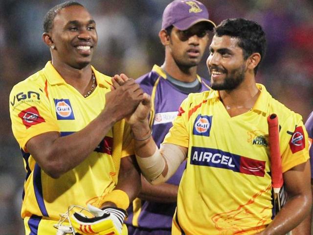 Chennai Super Kings' R Jadeja and D Bravo after their win over Kolkata Knight Riders in T20 match in Kolkata. PTI