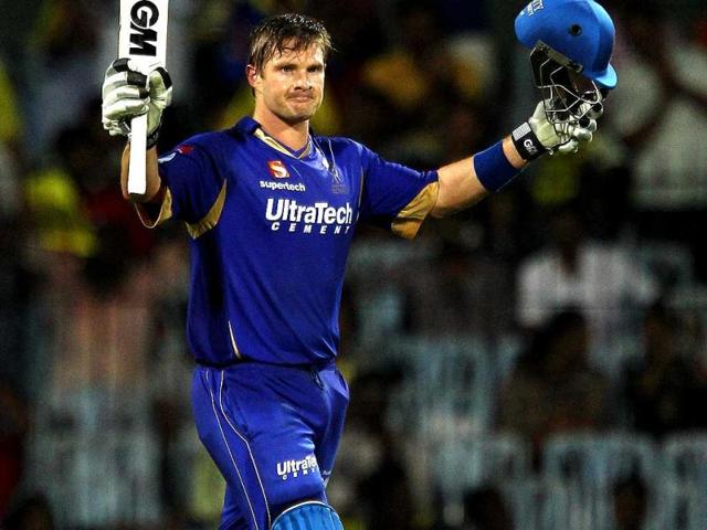 Rajasthan Royals player Shane Watson celebrating his century during IPL match against Chennai Super Kings at MA Chidambaram Stadium in Chennai. (PTI)