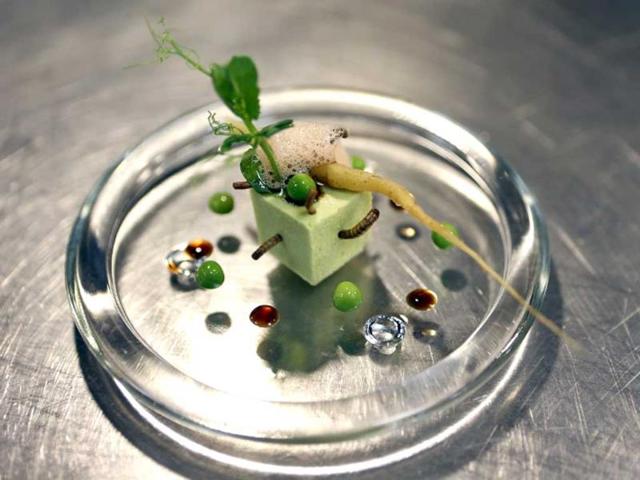 Picture taken in Nice, southeastern France, of a starter "Le petit pois carre et son ecume de carottes, vers de farine", prepared with worms by French Michelin-starred Chef David Faure at his restaurant "Aphrodite". Chef David Faure proposed dishes composed with worms and crickets. (AFP)