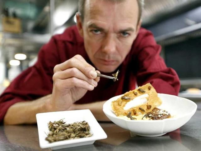 French Michelin-starred Chef David Faure holds a cricket as he poses in front of a dish "Cremeux de mais, foie gras poele" in the kitchen of his restaurant "Aphrodite", in Nice, southeastern France. Chef David Faure proposed dishes composed with worms and crickets. (AFP)