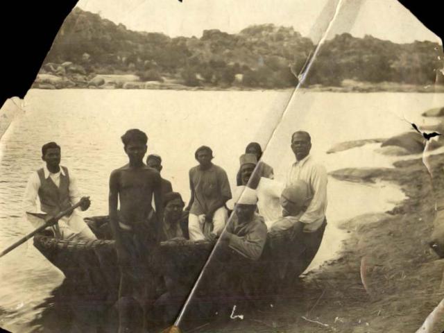 Dadasaheb sails in a boat with the crew members of his film Setubandhan (1932). Setubandhan was Dadasaheb's last silent film.