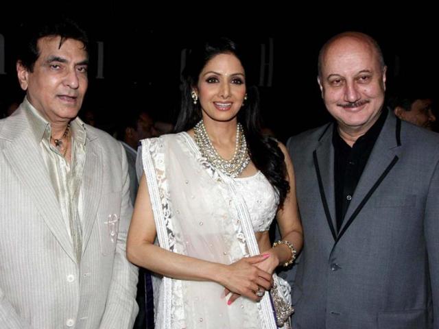 Bollywood personalities (L-R) Jitendra, Sridevi and Anupam Kher pose as they attend a promotional event. (AFP Photo)