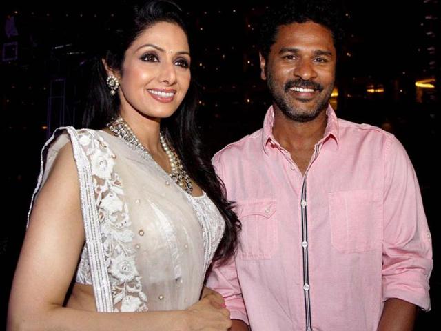 Sridevi with actor-choregrapher Prabhu Deva at a party for winning Padma Shri Award. (PTI Photo)