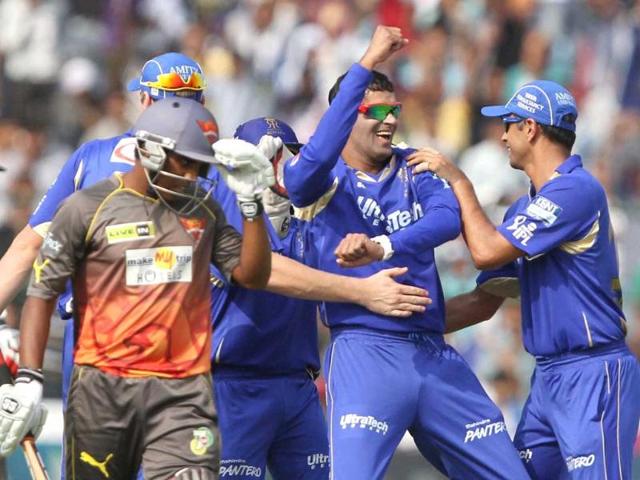 Rajasthan Royals player Ajit Chandila with teammates celebrates the dismissal of Sunrisers Hyderabad player Akshath Reddy during the T20 match in Jaipur. PTI