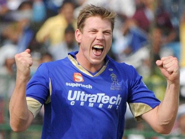 Rajasthan Royals player James Faulkner celebrates the dismissal of Sunrisers Hyderabad player S Dhawan during the T20 match in Jaipur. PTI