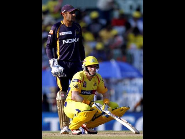 Chennai Super Kings player Michael Hussey bats during T20 match between CSK and Kolkata Knight Riders at MA Chidambaram Stadium in Chennai. HT Photo
