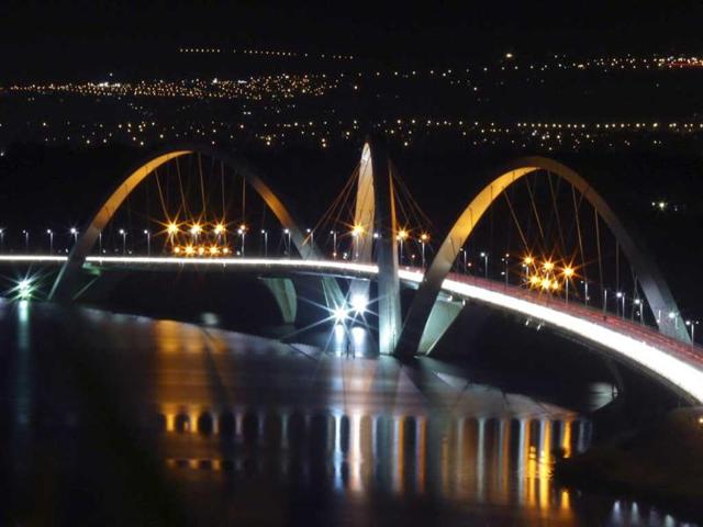 A view of the Juscelino Kubitschek bridge, which crosses the Paranoa Lake, is seen illuminated in orange, the national colour of the Netherlands. (Reuters)