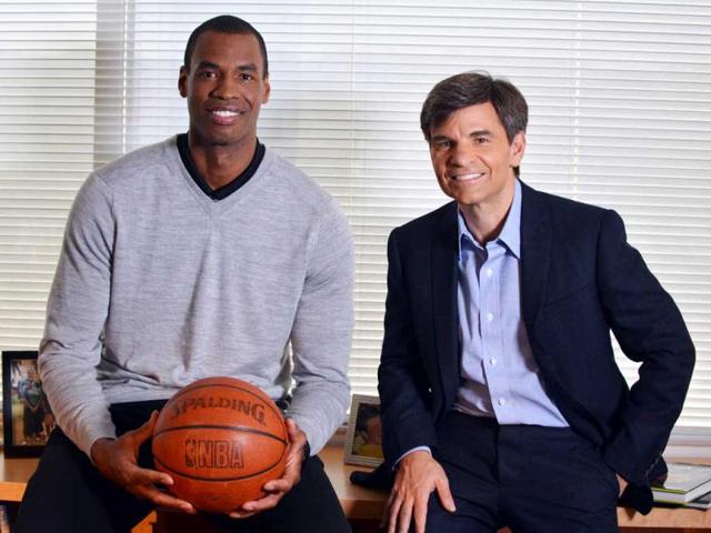 NBA basketball veteran Jason Collins (L) poses for a photo with television journalist George Stephanopoulos in Los Angeles. (AP)