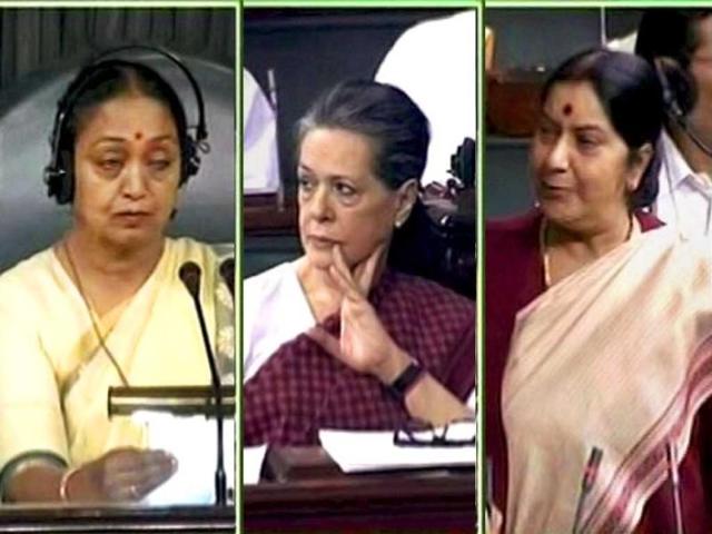 A combination picture of leader of Opposition Sushma Swaraj, speaker Meira Kumar and UPA chairperson Sonia Gandhi during a session in Lok Sabha, New Delhi. (PTI/TV Grab)