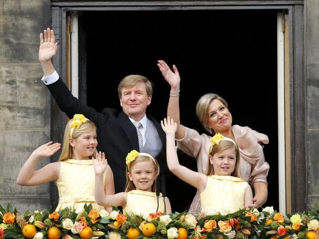 Dutch King Willem-Alexander and Queen Maxima appear on the balcony of the Royal Palace with their children, Catharina-Amalia, Ariane, and Alexia in Amsterdam, Netherlands. AP