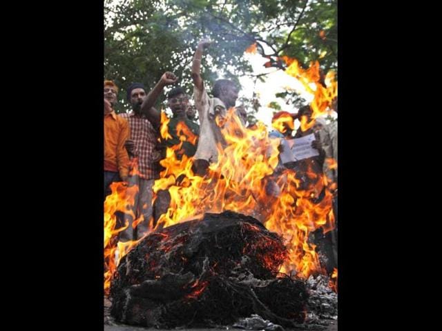 People burn an effigy representing Pakistan after Sarabjit Singh died in Lahore jail in Jammu. (AP)