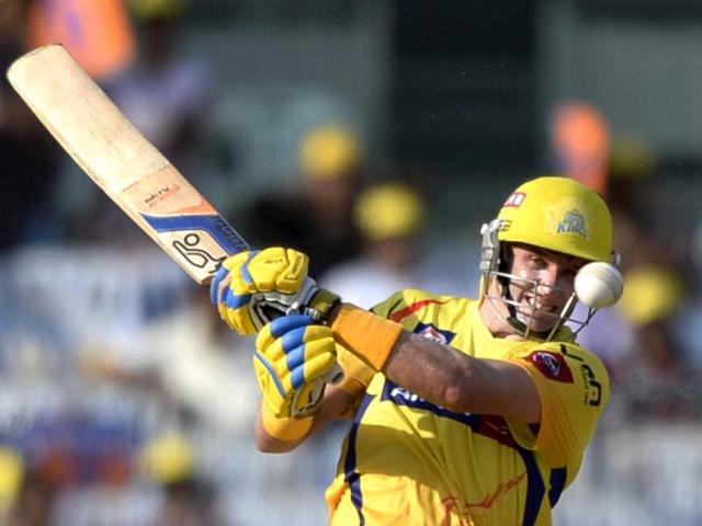 CSK batsman Michael Hussy plays a shot against Kings XI Punjab during the T20 cricket match at M A Chidamram Stadium at Chennai. (Photo by Vipin Kumar/Hindustan Times )