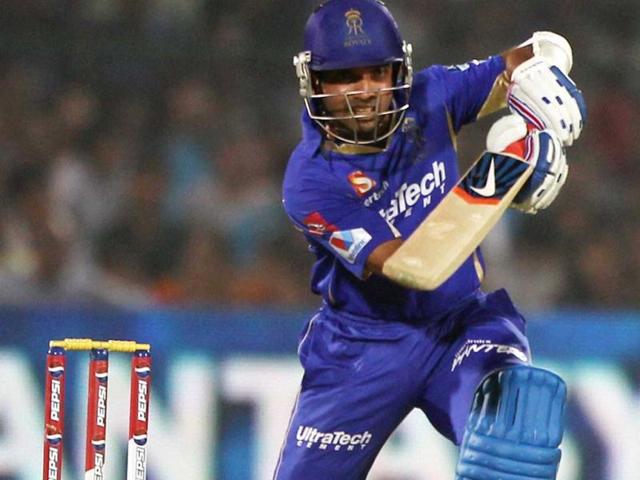 Rajasthan Royal's Ajinkya Rahane plays a shot against Pune Warriors India during a T20 league match in Jaipur. (PTI)
