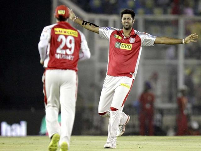 Kings XI Punjab bowler Manpreet Gony celebrating the wicket of C Pujara of Royal Challengers Bangalore during the T20 cricket match between Kings XI Punjab and Royal Challengers Bangalore at PCA Stadium, in Mohali. HT Photo/Gurpreet Singh