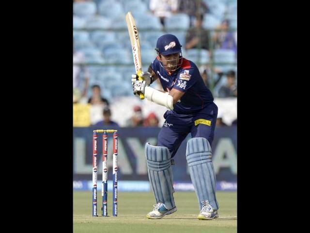 Delhi Daredevils batsman Virendra Sehwag in action against Rajasthan Royals during the T20 league cricket match at Sawai Mansingh Stadium in Jaipur. HT Photo/Mohd Zakir