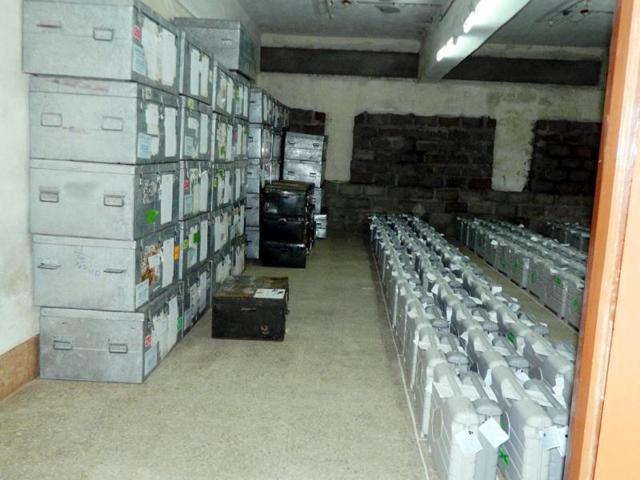 Electronic Voting Machines (EVMs) used in Karnataka assembly polls kept in strong room at RPD college in Belgaum. UNI
