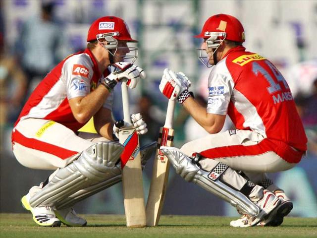 Kings XI Punjab batsmen Shaun Marsh and David Miller during their T20 match against Rajasthan Royals in Mohali. (PTI)