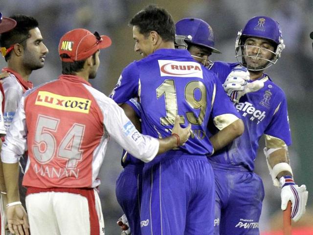 Rajasthan Royal player Ajinkya Rahane and Sanju Samson celebrate their victory against Kings XI Punjab at PCA Stadium, in Mohali. (Gurpreet Singh/HT)