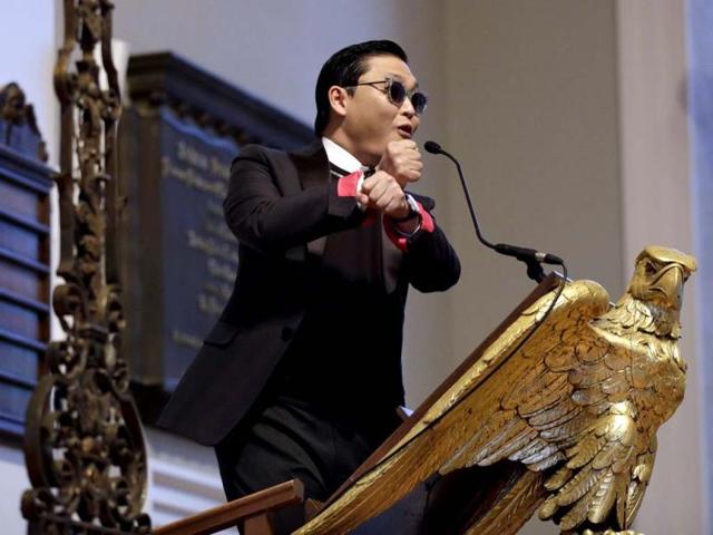Korean pop star Psy speaks in Memorial Church at Harvard University in Cambridge. AP photo