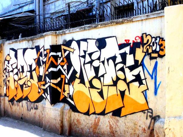 Graffiti and tagged by Justin (Jus) among others. (Kolkata)