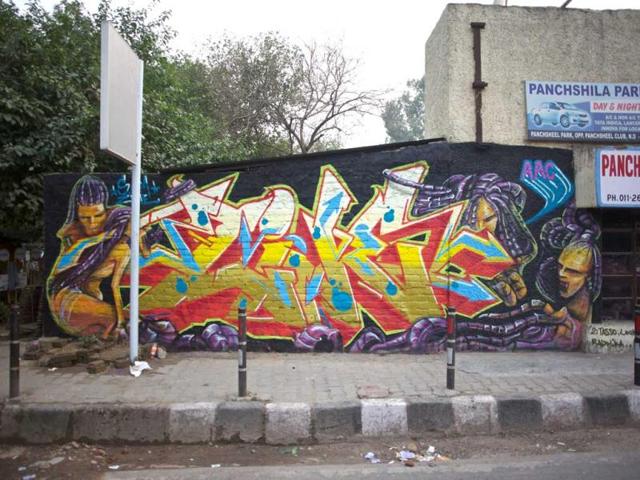 Graffiti at Pansheel Park Taxi Stand tagged - Zine X Sam Sam AAC. (Delhi)