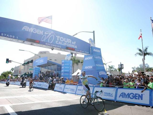 Liewe Westra of the Netherlands riding for Vacansoleil-DCM reacts after crossing the finish line to win Stage 1 of the Amgen Tour of California in Escondido, California. (AFP)