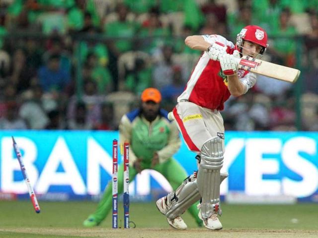 Kings XI Punjab batsman Shaun Marsh is castled during their T20 match against Royal Challegers Bangalore. (PTI Photo)