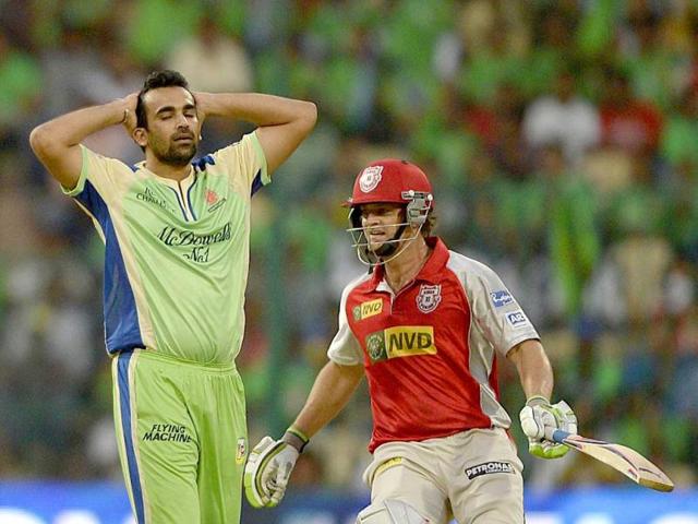 Royal Challengers Bangalore player Zahir Khan reacts during T20 cricket match against Punjab at M Chinnaswamy Stadium, Bangalore. (Vipin Kumar/HT)