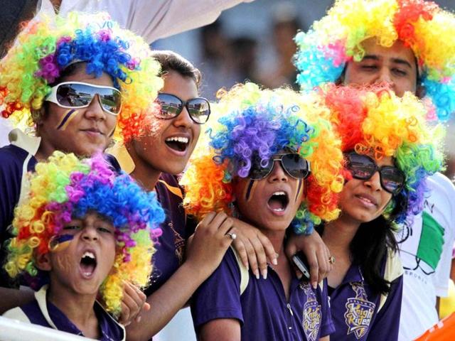Supporters of Kolkata Knight Riders cheer during their T20 League match against Pune Warriors in Ranchi. (PTI Photo)