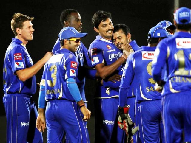 FILE PHOTO: Rajasthan Royals' former player Sreesanth being congratulated by Siddharth Trivedi after the dismissal of Kings XI Punjab Captain Adam Gilchrist during a T20 league match. HT photo/Ajay Aggarwal