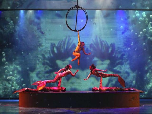 Artists perform during for the media preview of the French Cirque Spectacle 'Mana' in Gurgaon, on the outskirts of New Delhi. AP