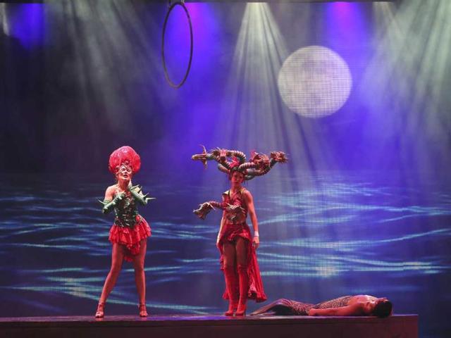 Artists perform during for the media preview of the French Cirque Spectacle 'Mana' in Gurgaon, on the outskirts of New Delhi. AP