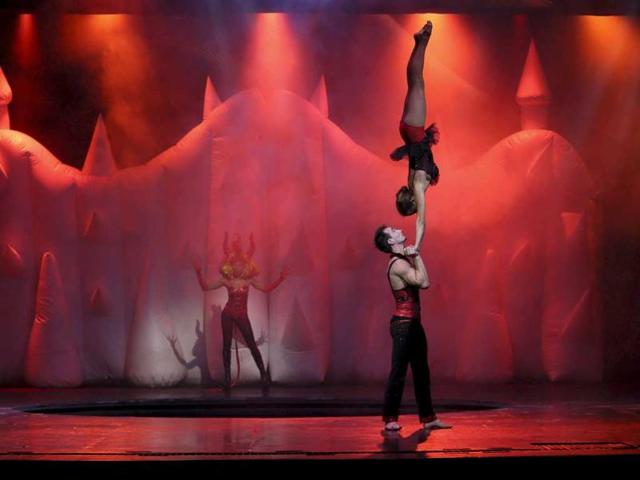 Artists perform during for the media preview of the French Cirque Spectacle 'Mana' in Gurgaon, on the outskirts of New Delhi. AP