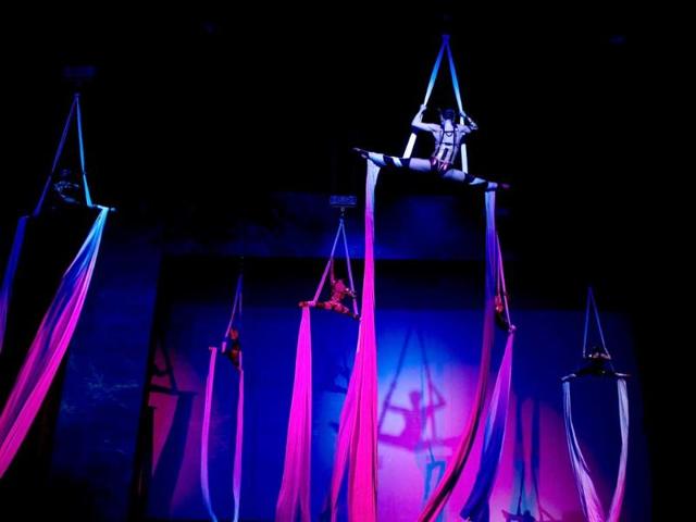 French artists from French cirque spectacle 'Mana' perform during a media preview at the Kingdom of Dreams in Gurgaon around 30kms from New Delhi. AFP