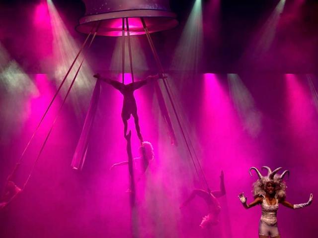 French artists from French cirque spectacle 'Mana' perform during a media preview at the Kingdom of Dreams in Gurgaon around 30kms from New Delhi. AFP