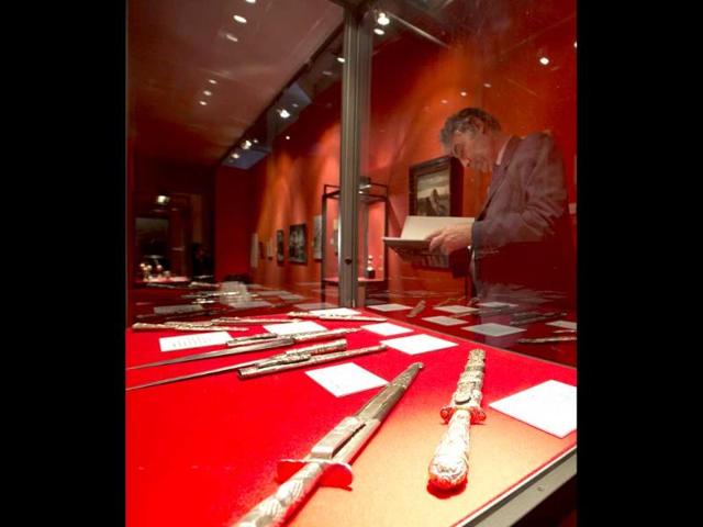 Traditional Argentine facons, knives used by gauchos, are displayed during the unveiling of the exhibition "Argentina. The Gaucho: Tradition, Art and Faith", in the Carlo Magno wing of Bernini's colonnade in St. Peter's Square at the Vatican. (AP Photo)
