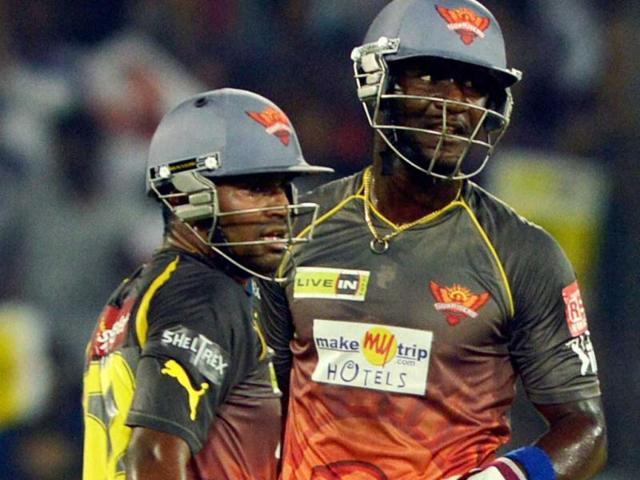 Sunrisers Hyderabad's batsmen Biplab Samantray and Darren Sammy during a T20 match against Rajasthan Royals in Hyderabad. (PTI)