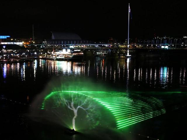 An image of a tree is projected into a water fountain as part of the Aquatique Show International at Darling Harbour in Sydney. (Reuters)