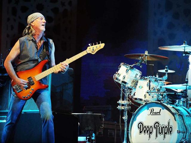 Drummer Ian Paice and the bass guitarist Roger Glover of rhe English hard rock band Deep purple perform during the 12th edition of the music festival Mawazine in Rabat. (AFP)