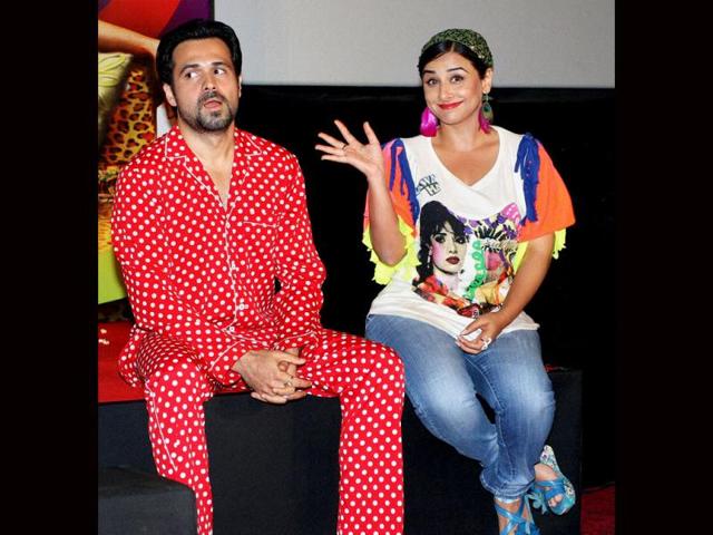 Both Emraan Hashmi and Vidya Balan donned the looks of their characters in the film Ghanchakkar in Mumbai on Thursday. (PTI Photo)