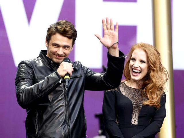 Actors James Franco and Jessica Chastain speak at The Sound of Change concert at Twickenham Stadium in London June 1, 2013. (Reuters)