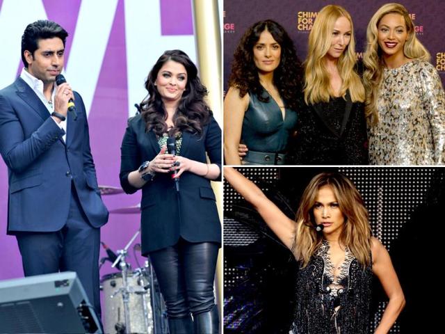 It seems like charity begins on stage. In a star-studded ceremony, renowned celebrities like Aishwarya-Abhishek, Beyonce, JLo and Madonna came together for the Chime for Change charity concert. Take a look.