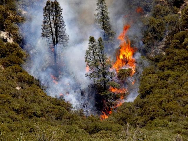 Fire burns a ridge a half-mile the rural community of Lake Hughes in northern Los Angeles County, California. At least six houses have been destroyed by the Powerhouse fire, nine more were damaged, and 2,800 people fled 700 homes in Lake Hughes and Lake Elizabeth, 45 miles northwest of downtown Los Angeles. (AP)