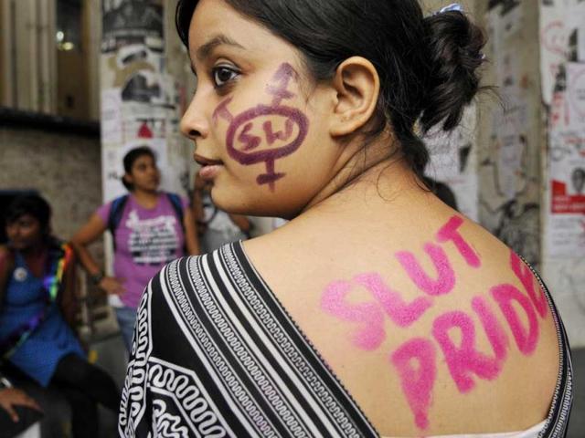 Students of Jadavpur University stage "Slut Walk" in Kolkata. This is the secend year of the walk. (Ashok Nath Dey/HT)
