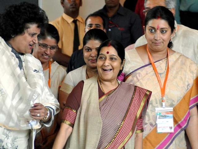 Senior party leaders Sushma Swaraj, Arti Mehra and Smriti Irani at the BJP National Executive Meeting in Goa on Friday. UNI Photo
