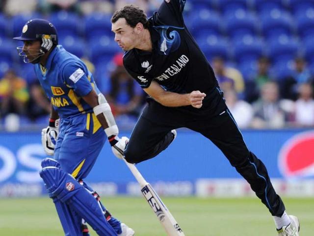 Kyle Mills (R) bowls past Sri Lanka's Mahela Jayawardene during the ICC Champions Trophy group A cricket match at the Cardiff Wales Stadium in Cardiff. Reuters Kyle Mills (R) bowls past Sri Lanka's Mahela Jayawardene during the ICC Champions Trophy group A cricket match at the Cardiff Wales Stadium in Cardiff. Reuters